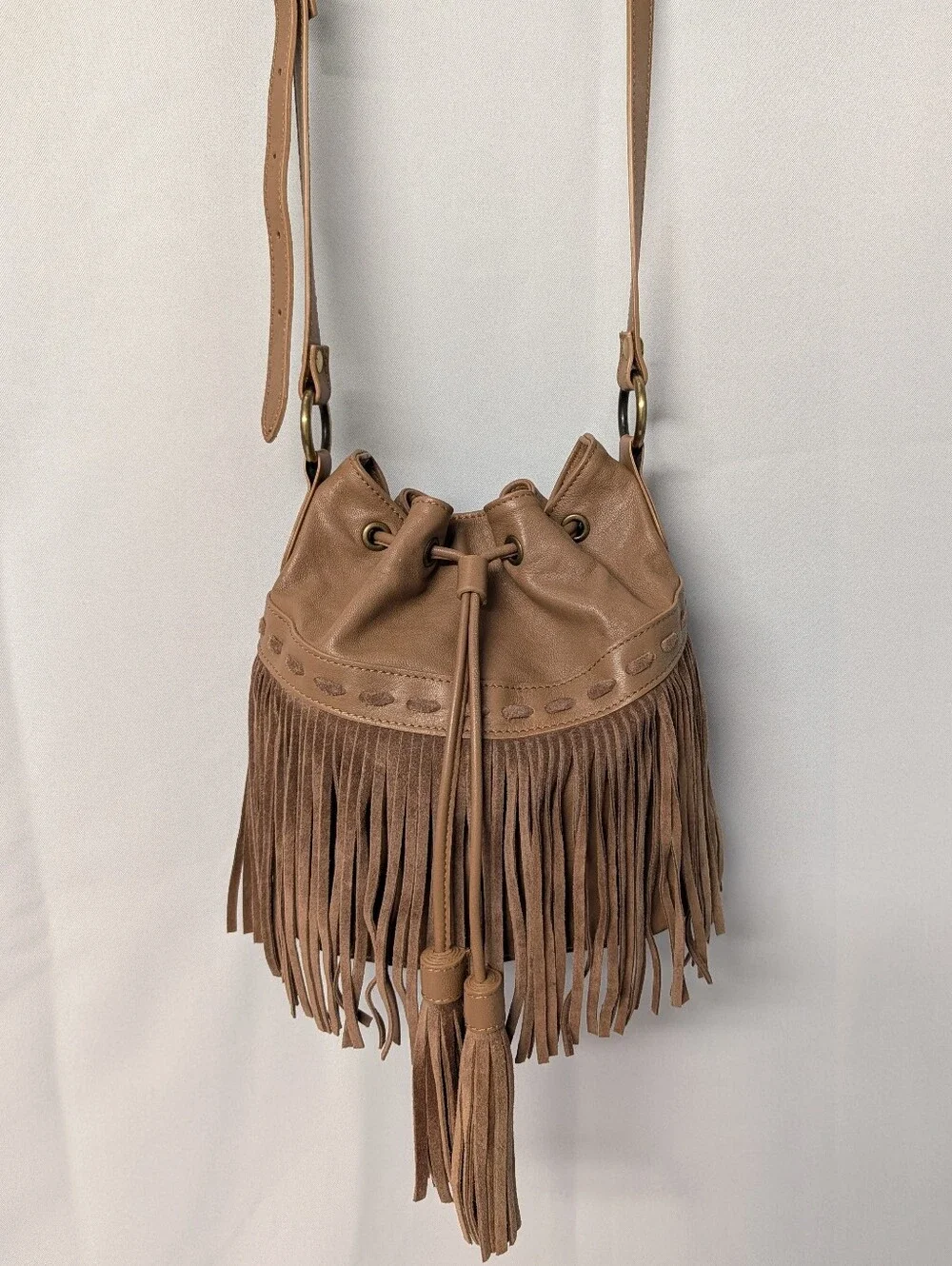 Johnny Was ITALIAN LEATHER FRINGE BUCKET BAG Fringe Drawstring Shoulder Purse